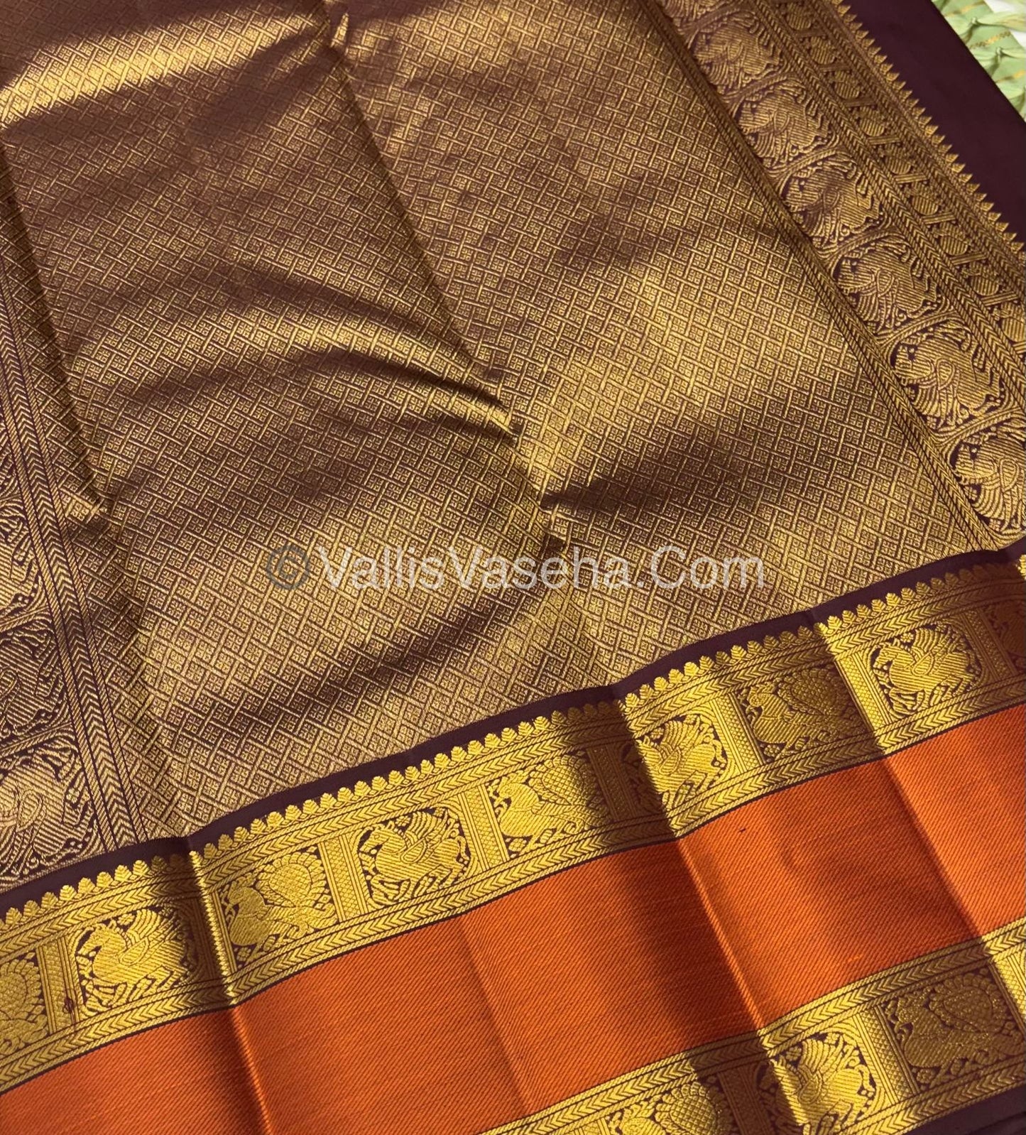 Pure Vintage Korvai Kanchipuram Silk Saree - Pastel Green & Wine Brown Combo - VVPS034