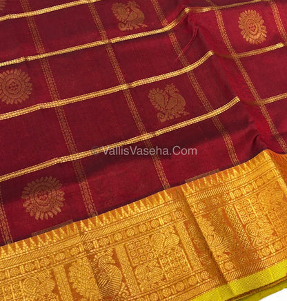 Pure Silk Cotton Saree - Mayil & Chakkaram Design - Maroon With Lemon Green Combo -VVMC003