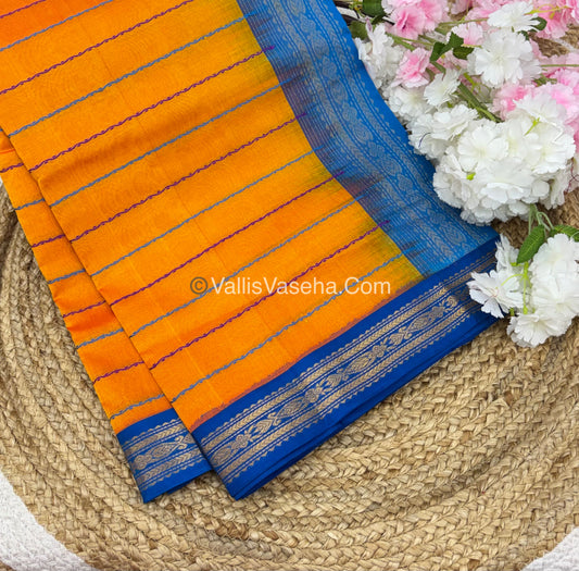 Pure Korvai Silk Cotton - Orange with Blue - VVKSC028