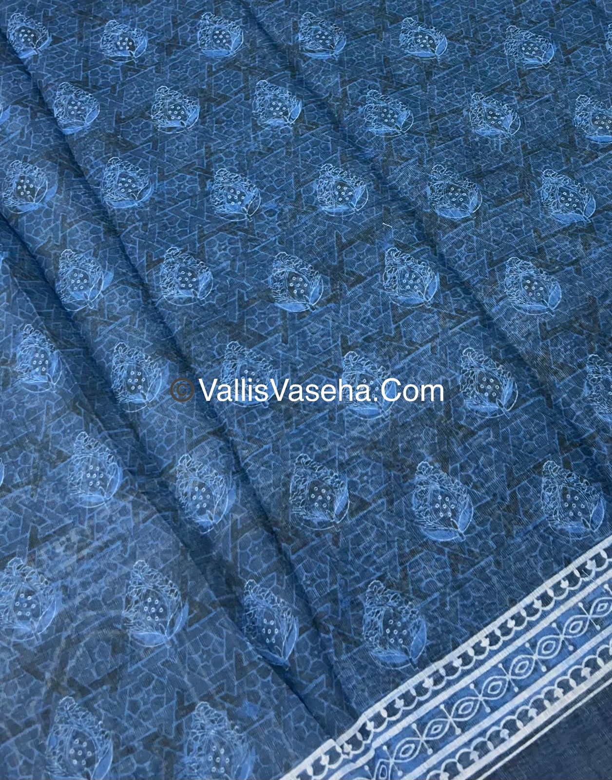 Linen Mixed Cotton Saree - Indigo Blue - Printed - VVLMP001