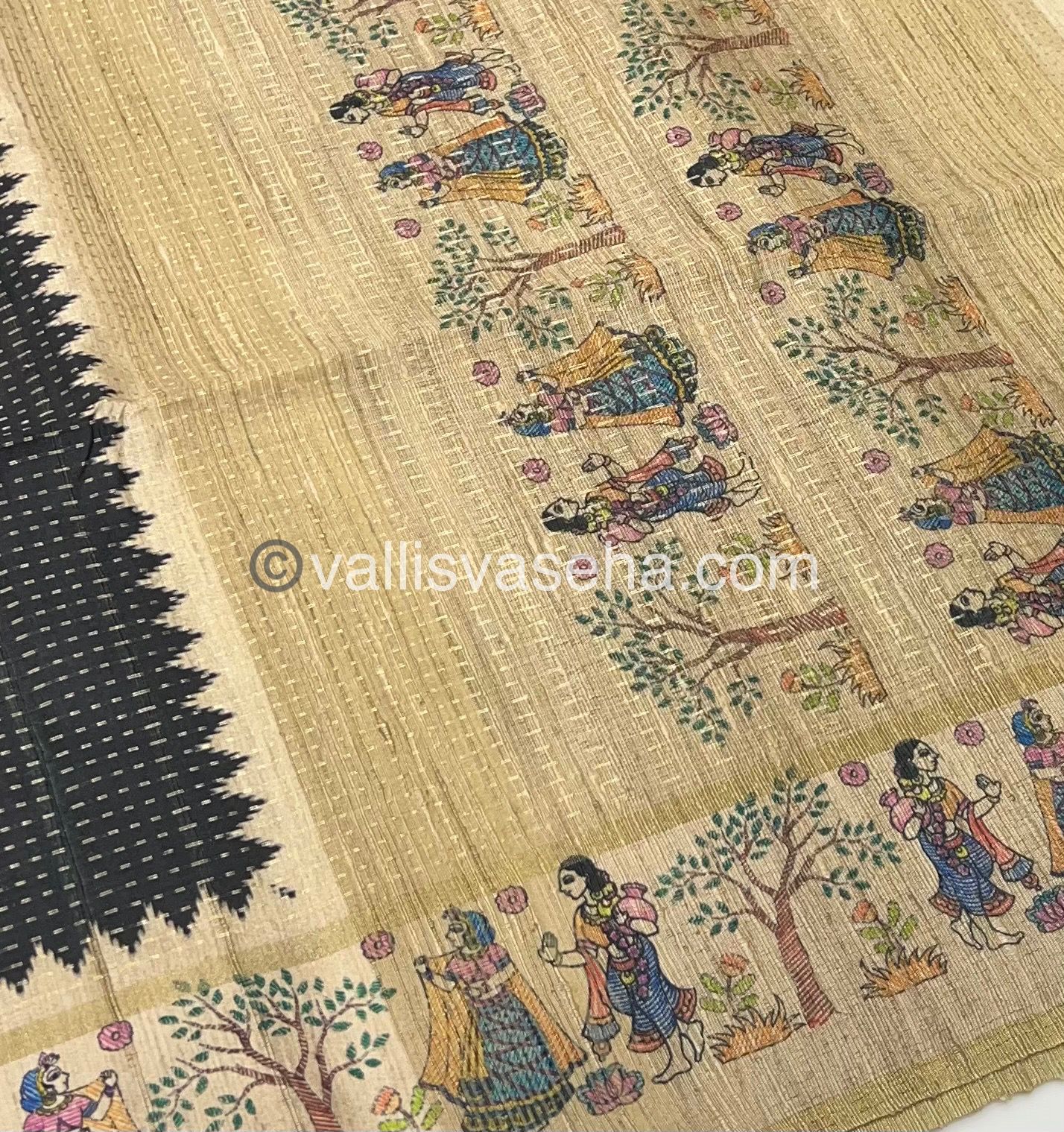 Semi Tussar Silk - Vairavoosi Design - Black & Cream Shade - VVSTS030
