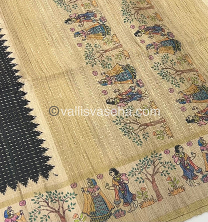 Semi Tussar Silk - Vairavoosi Design - Black & Cream Shade - VVSTS030
