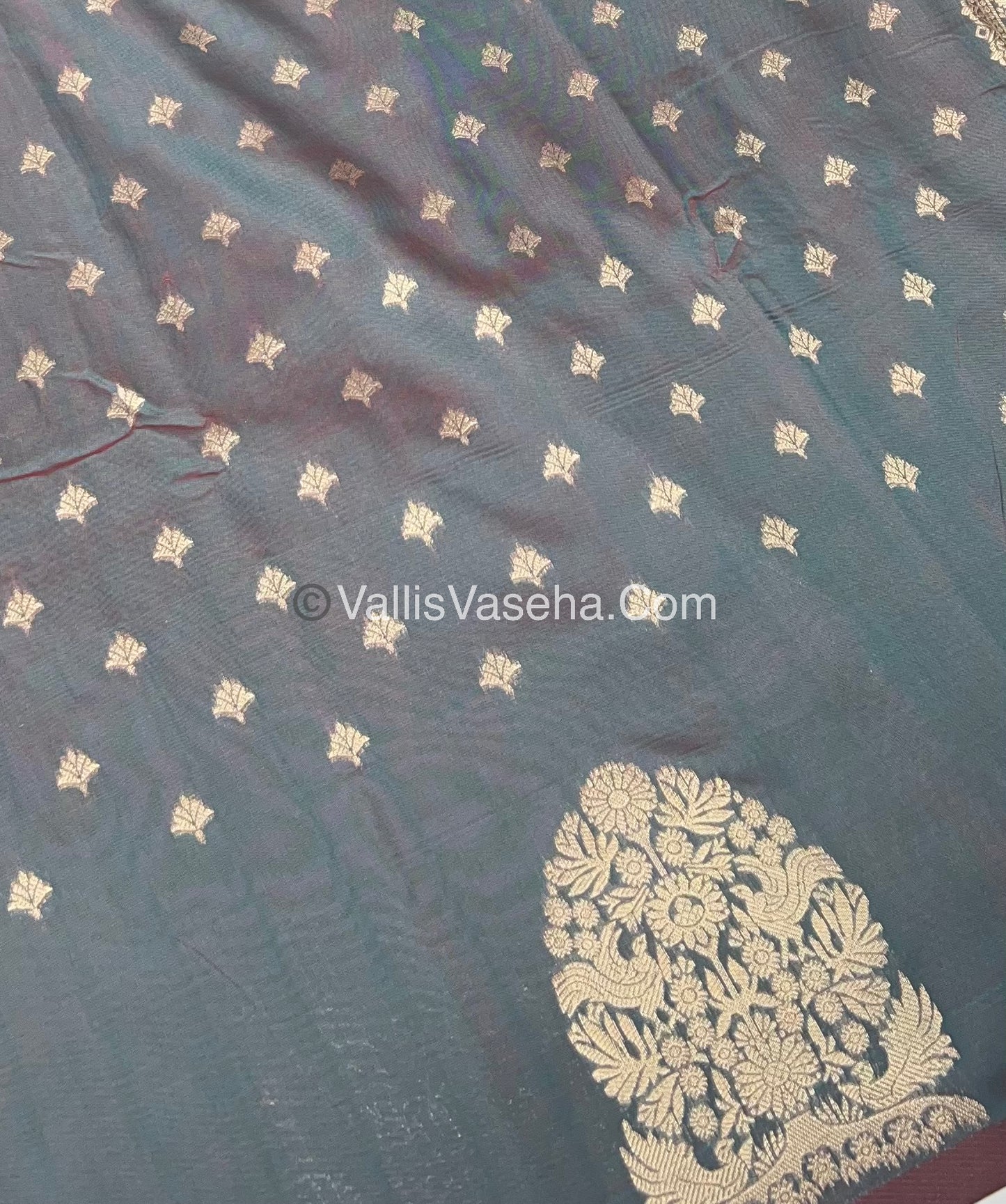 Semi Soft Silk - Tree With Double Birds Butta Border - Greenish Grey  Shade -VVSSS011