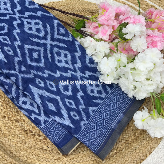Linen Mixed Cotton Saree - Indigo Blue - Printed - VVLMP001