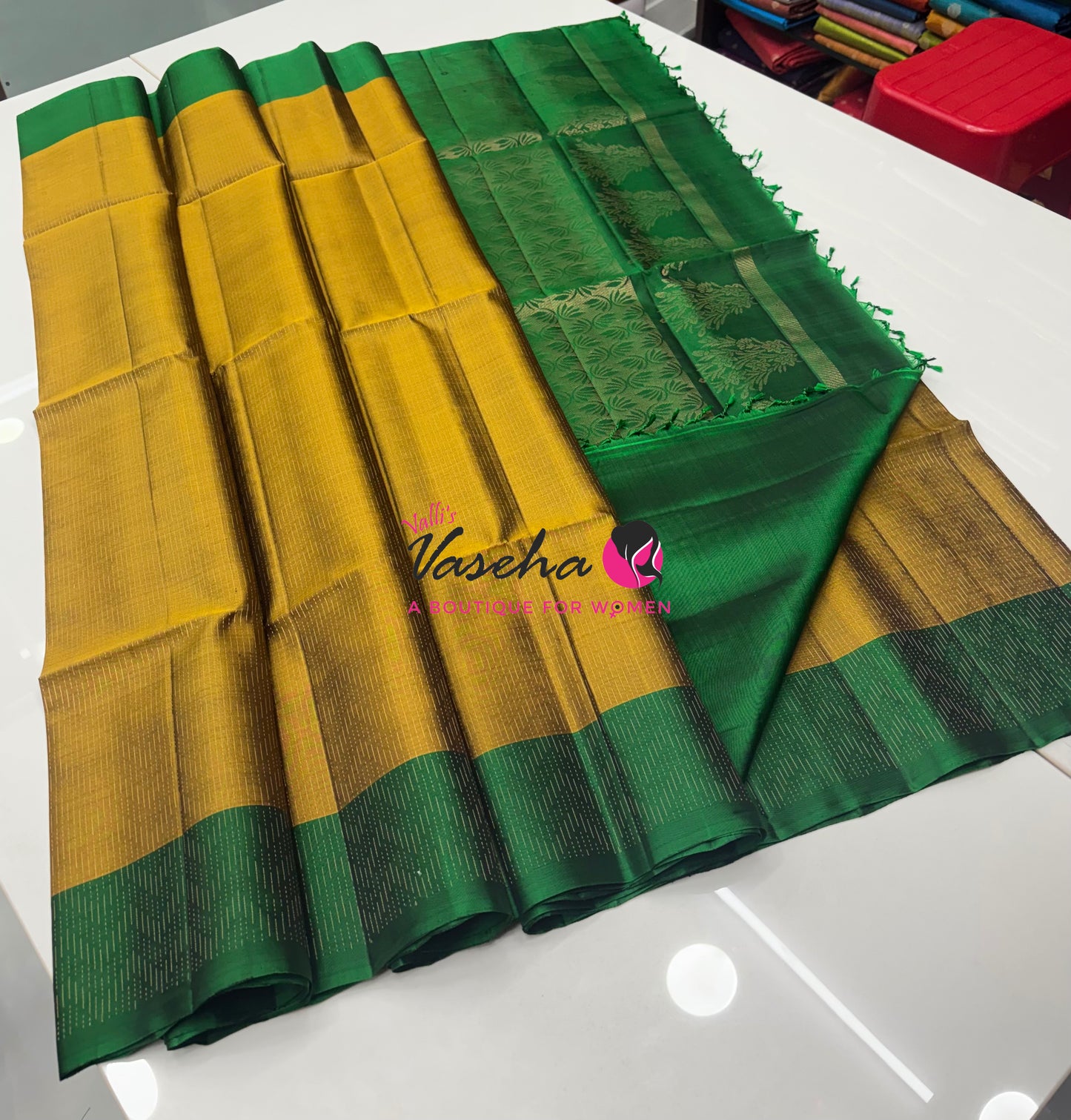 Pure Soft Silk Saree  - Vairavoosi Pattern - Mustard Green With Green - VVPSS095