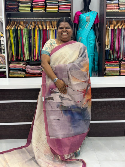 Tissue Linen Saree - Cloud Design - Shade of Pink - VVTLS002
