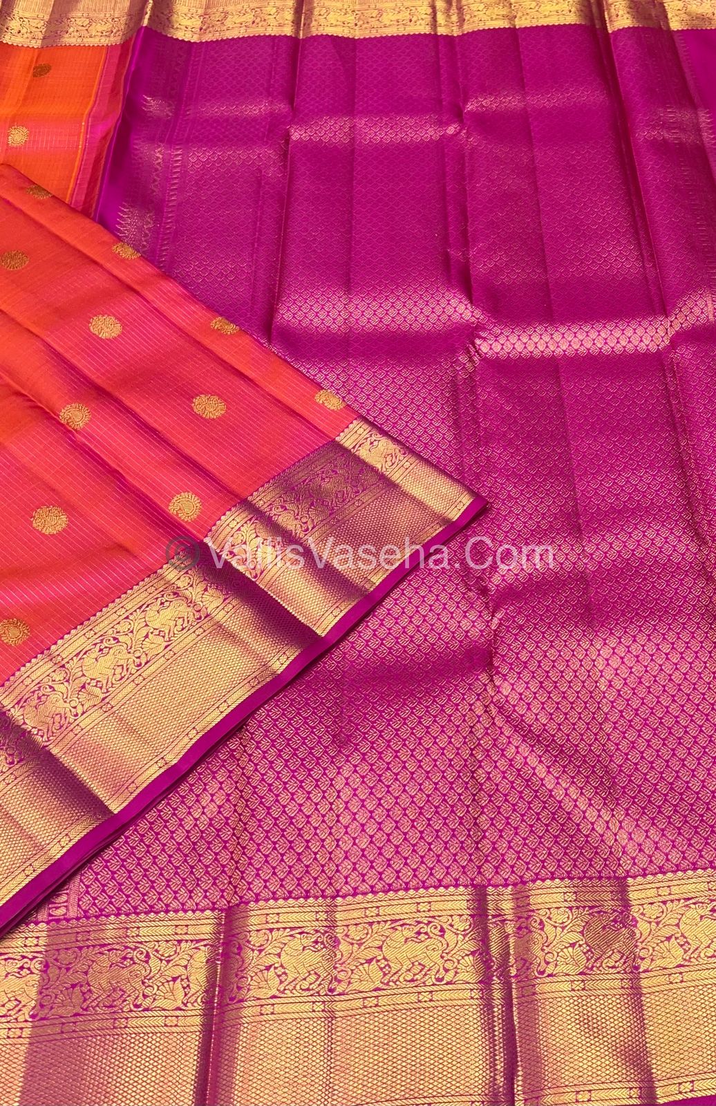 Pure Kanchipuram Silk Saree - Vaira Voosi design - Peachish Pink & Pink shade - VVPS021