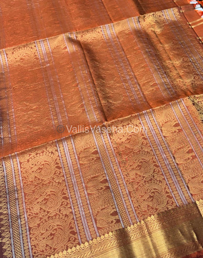 Pure Soft Silk Saree - Kanchi Border - Brown & Rust Orange Combo - VVPSS057