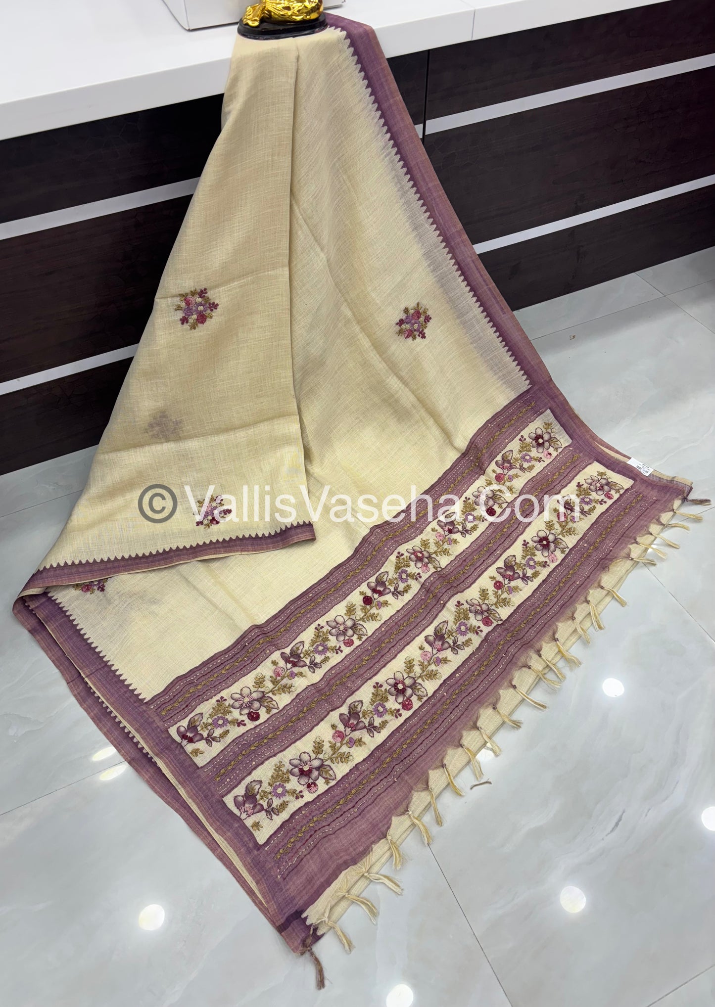 French Knot - Tissue Saree - Cream With purple Shade - VVLFN006