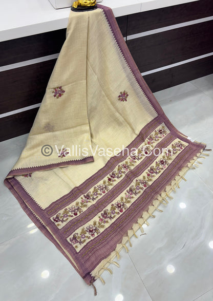 French Knot - Tissue Saree - Cream With purple Shade - VVLFN006