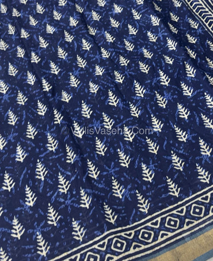Semi Maheshwari Mixed Cotton Saree - Linen Feel - Indigo Blue & Grey - VVMSC003