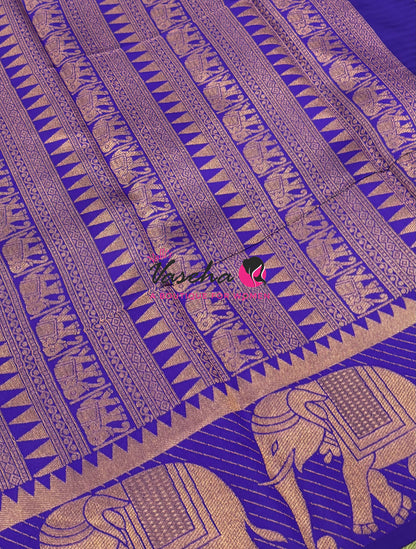 Semi Silk Saree - Kanchi Silk Style - Elephant Border - Green with Blue  - VVSSS005