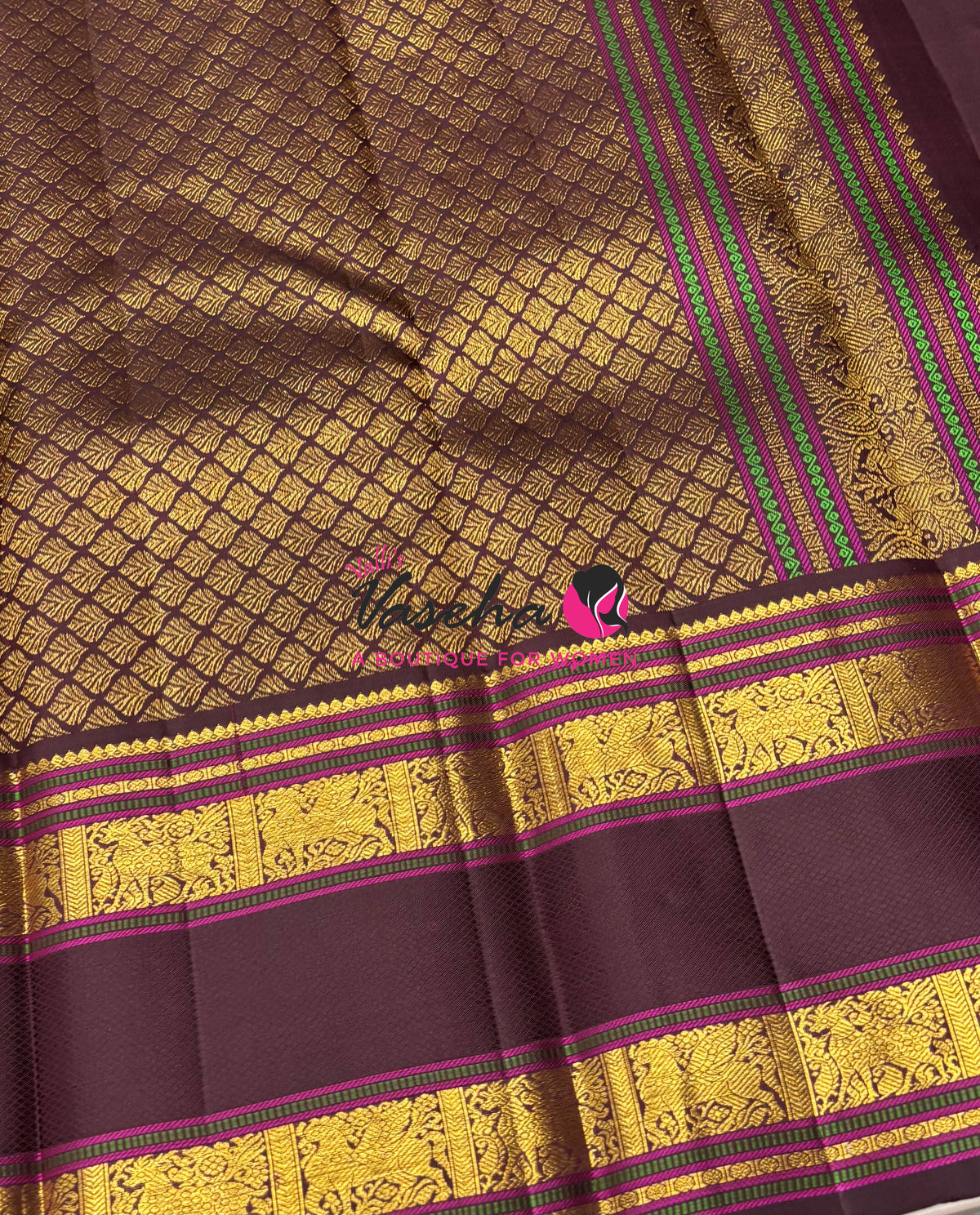 Pure Vintage Korvai Kanchipuram Silk Saree - Lemon Yellow With Wine Brown - VVPS102