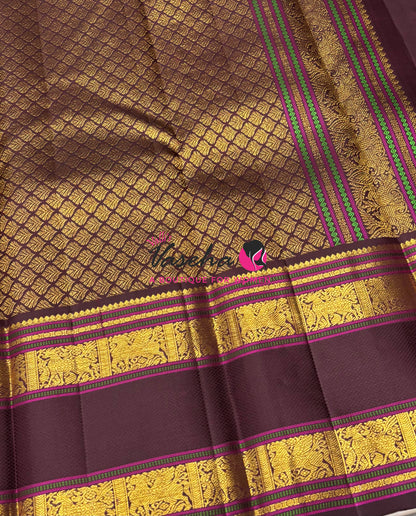 Pure Vintage Korvai Kanchipuram Silk Saree - Lemon Yellow With Wine Brown - VVPS102