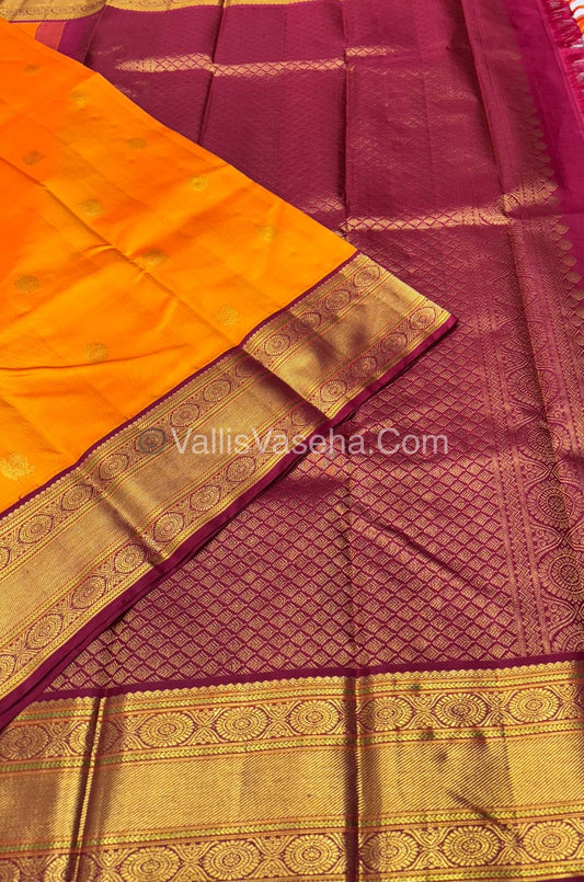 Pure Kanchipuram Silk Saree - Mango Yellow with Maroon Combo - VVPS021
