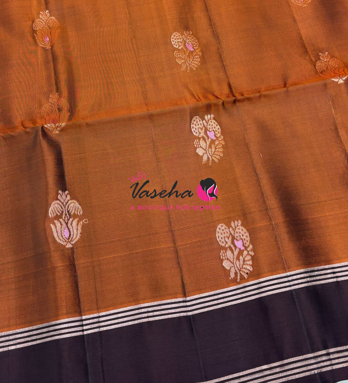 Half Mix - Pure Soft Silk Saree - Meenakari Style Butta - Rust Orange With Brown - VVPSS148