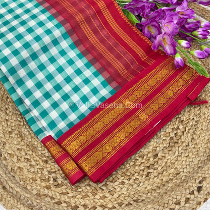 Pure Korvai Silk Cotton With Retta Petta Border - White & Blue kattam pattern with Red   - VVKSC003