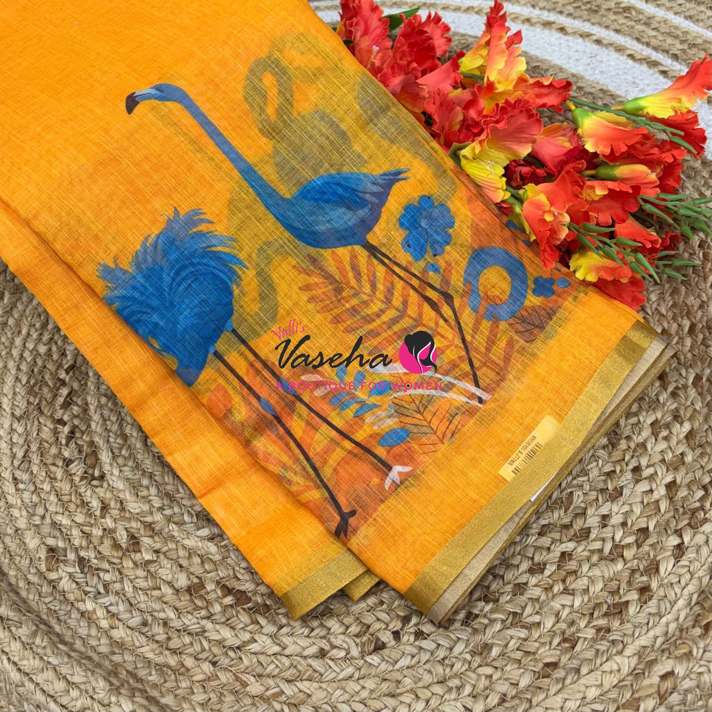 Linen Mixed Cotton Saree -Printed - Yellow Shade - VVLMP002