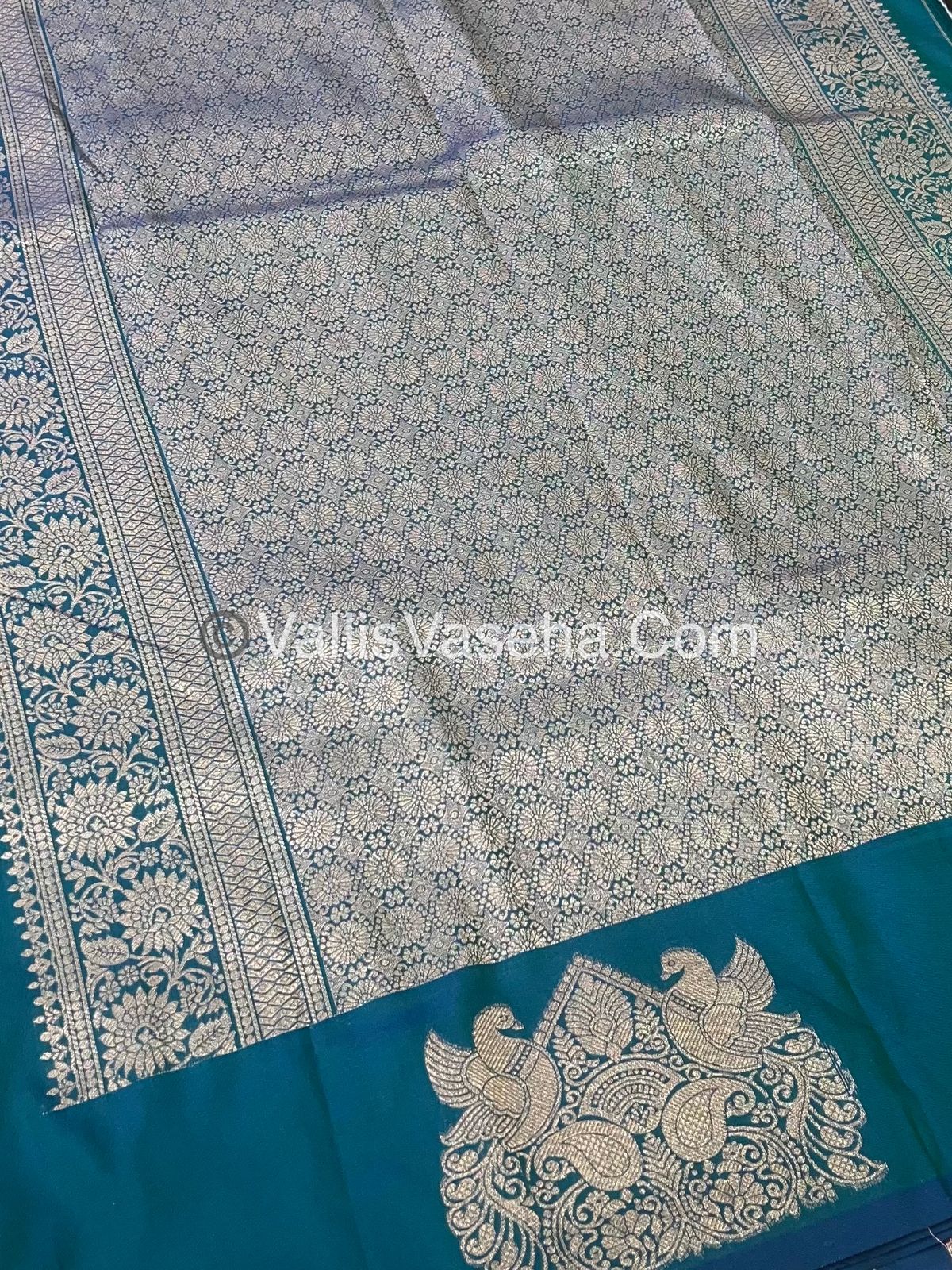 Semi Soft Silk - Peacock & Mango Butta Border - Peacock blue Shade -VVSSS015