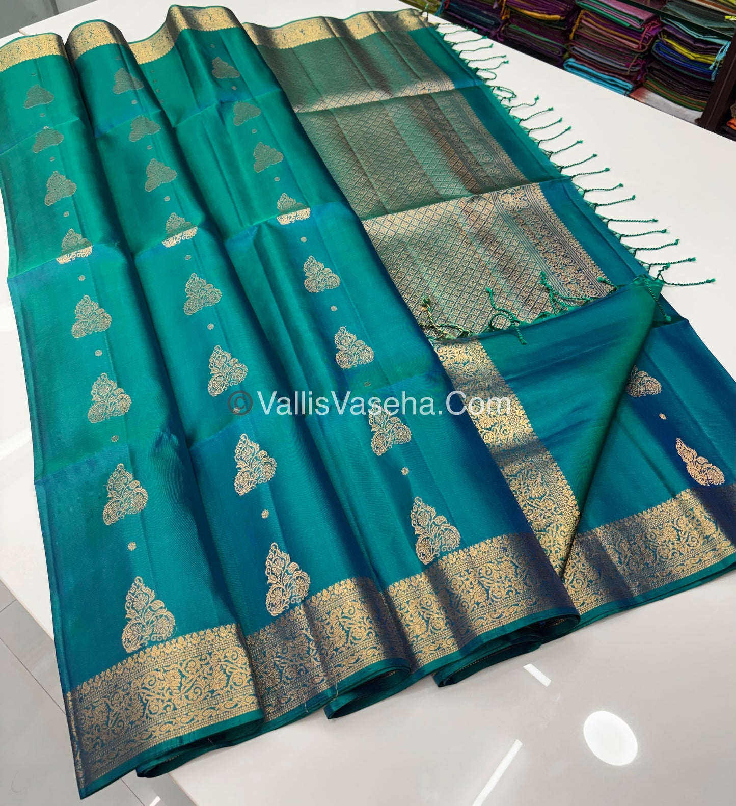 Pure Soft Silk Saree - Kanchi Border - Peacock Blueish Green Shade - VVPSS033