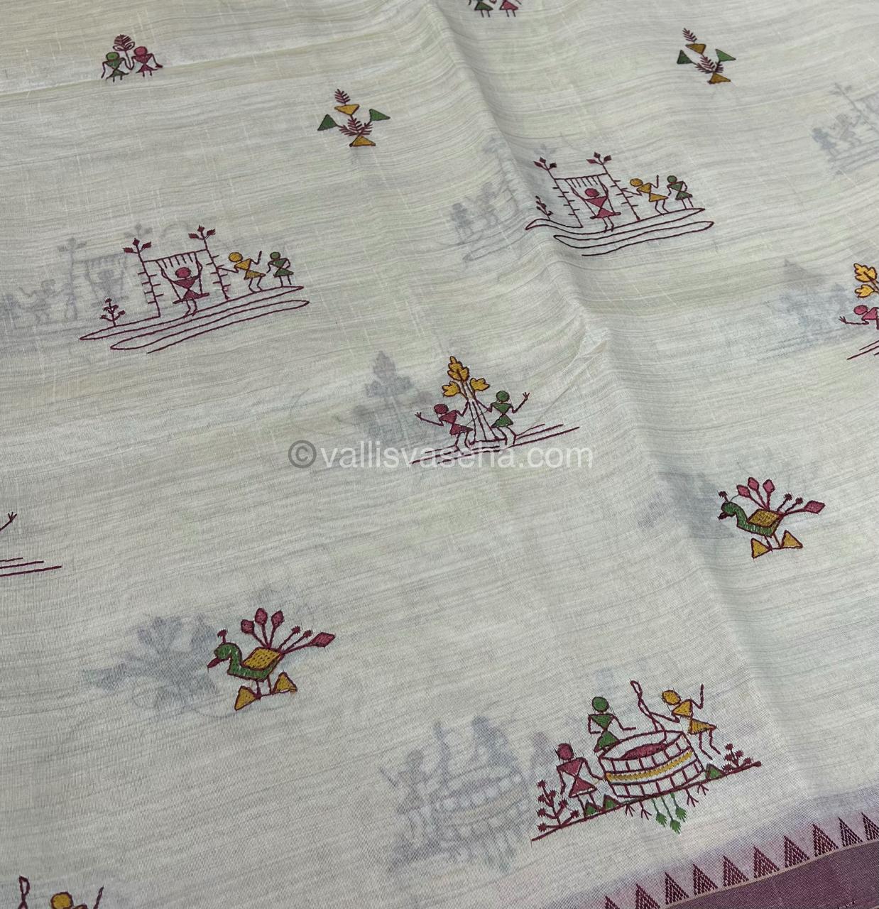 Semi Tussar Embroidery - Cream with Merun Combo - VVSTE001