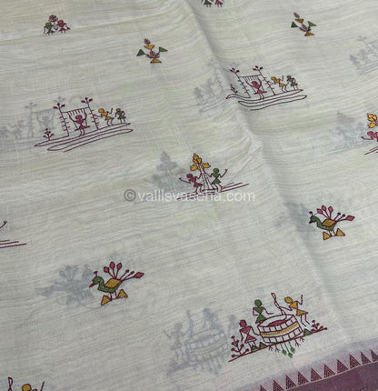 Semi Tussar Embroidery - Cream with Merun Combo - VVSTE001