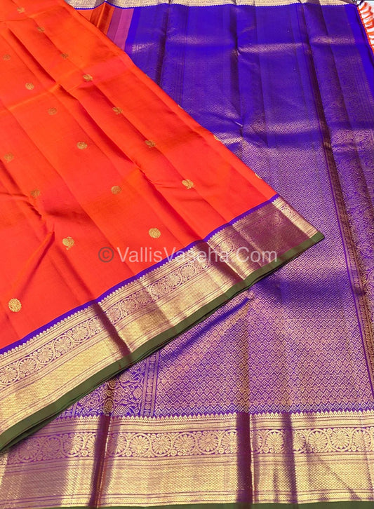 Pure Kanchipuram Silk Saree - Peachish Orange with Purple combo - VVPS011