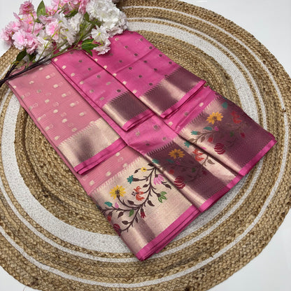 Unstitched - Lehenga Material - Zari Kota Tissue -  Pink & Pink - VVULM001