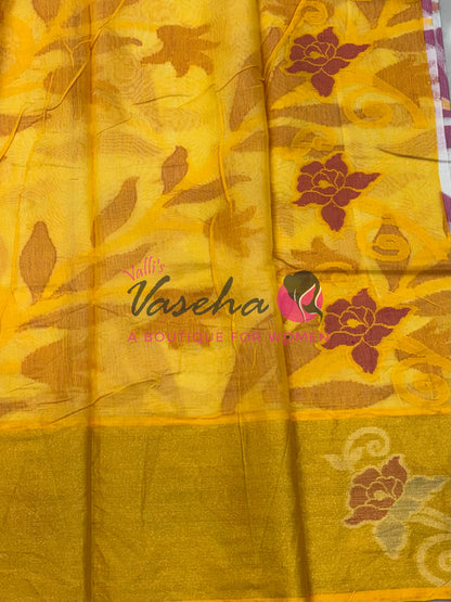 Banarasi Pochampally Weaving Semi Soft Cotton Saree - White with Yellow  - VVBPS001