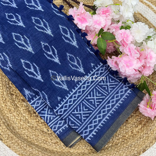 Linen Mixed Cotton Saree - Indigo Blue - Printed - VVLMP001