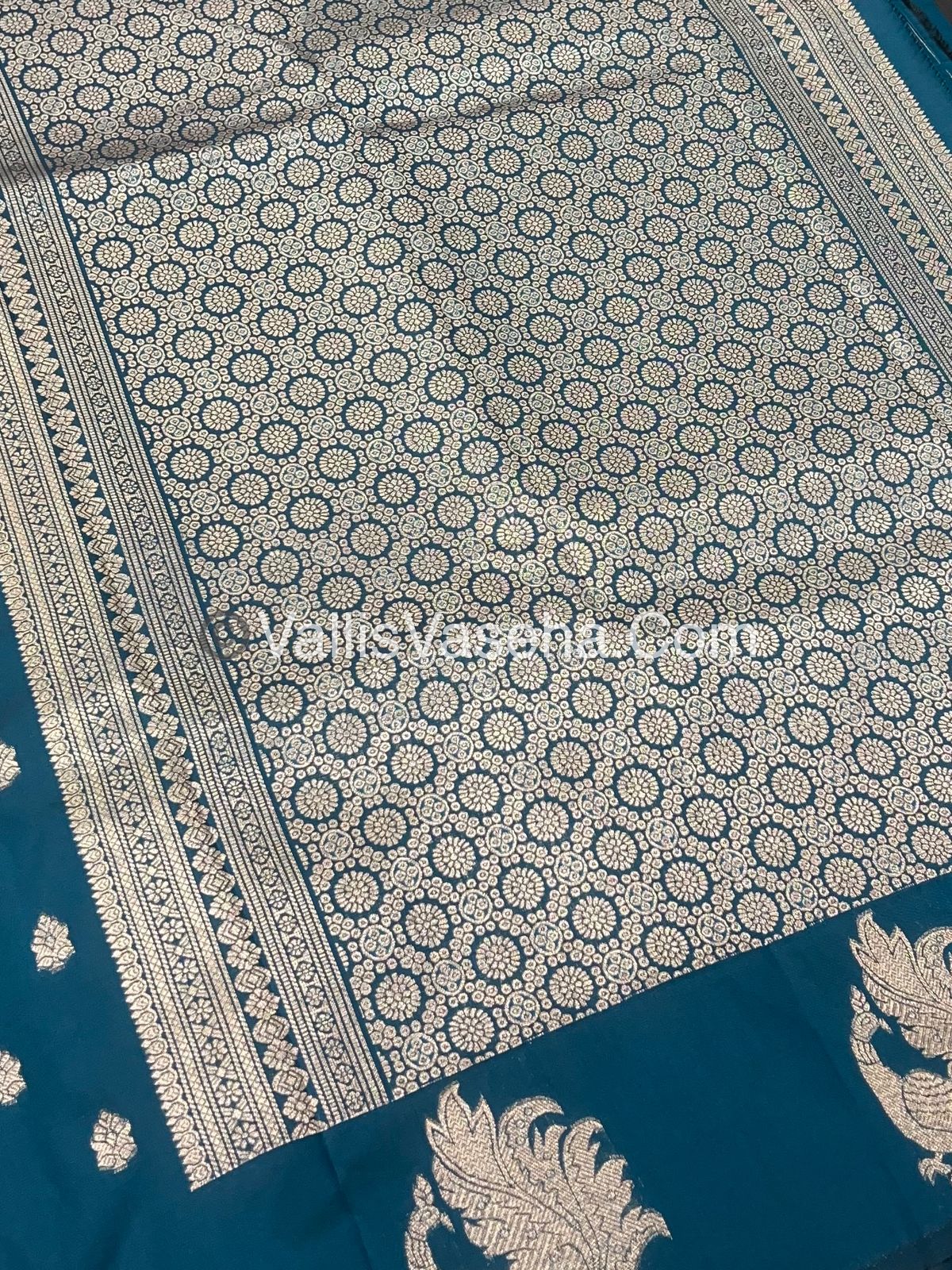 Semi Soft Silk - Peacock Butta Border - Dark Peacock Blue Shade -VVSSS014