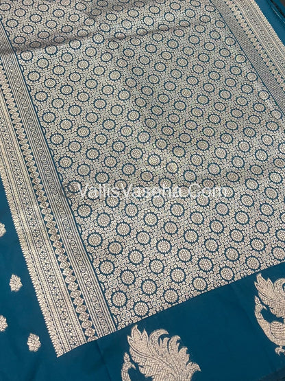 Semi Soft Silk - Peacock Butta Border - Dark Peacock Blue Shade -VVSSS014