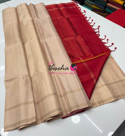 Pure Soft Silk Saree  - Kolam Weaving  - Cream & Red Combo - VVPSS160