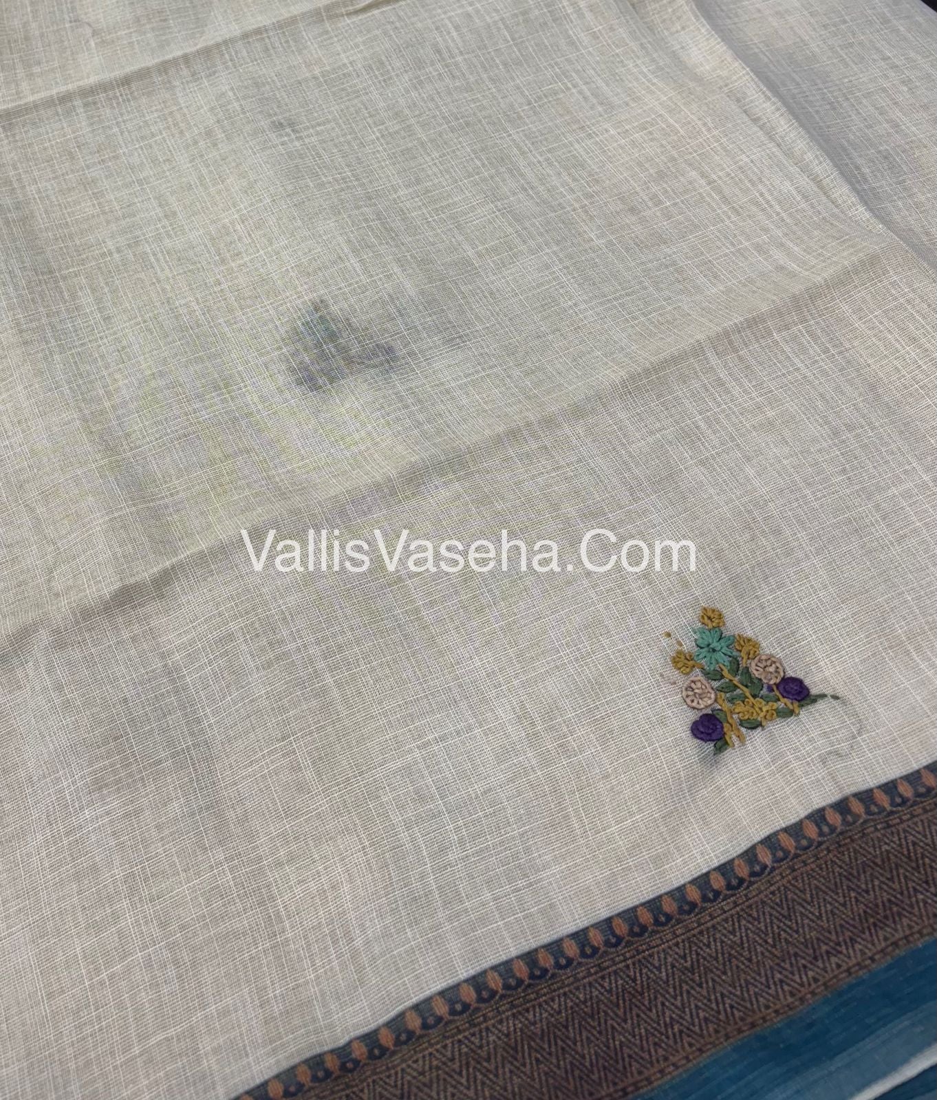French Knot - Tissue Saree - Cream With Peacock Blue Shade - VVLFN005