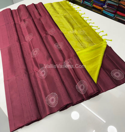 Pure Soft Silk Saree - Dupion Weaving - Maroon & Lemon Green Shade - VVPSS065