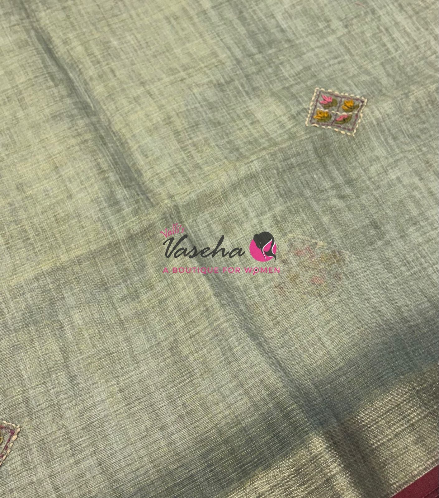 French Knot - Linen Tissue Saree - Grey  Shade - Heavy Work Blouse - VVLFN016
