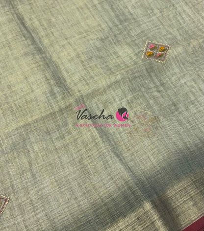 French Knot - Linen Tissue Saree - Grey  Shade - Heavy Work Blouse - VVLFN016