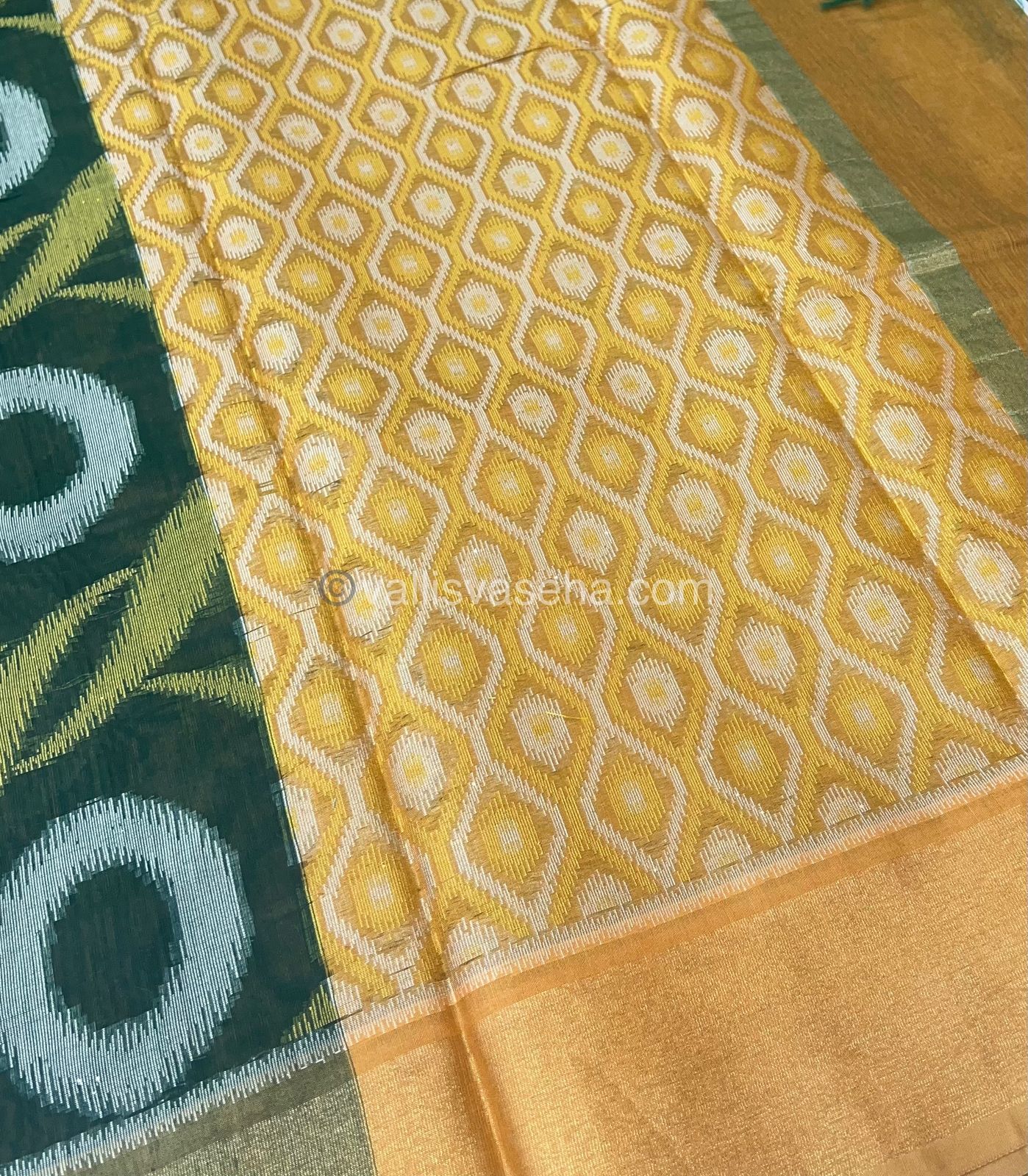 Banarasi Pochampally Weaving Semi Soft Cotton Saree - Green with Mustard Yellow - VVBPS001