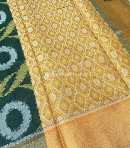 Banarasi Pochampally Weaving Semi Soft Cotton Saree - Green with Mustard Yellow - VVBPS001