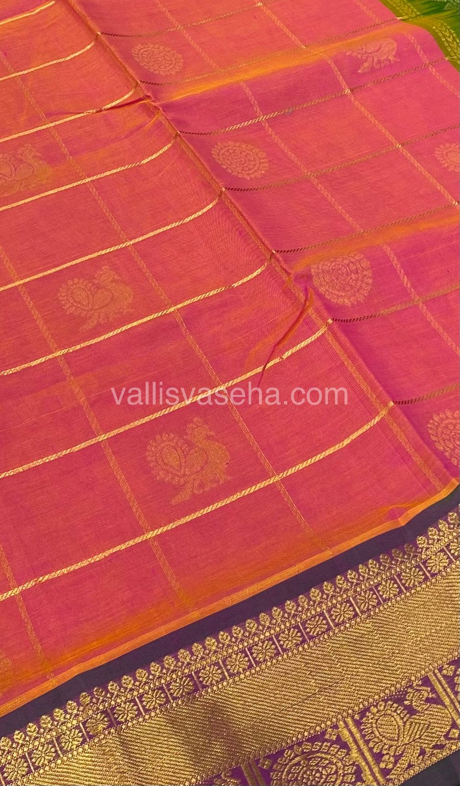 Pure Silk Cotton Saree - Mayil & Chakkaram Design - Peachish Pink with Green - VVMC001