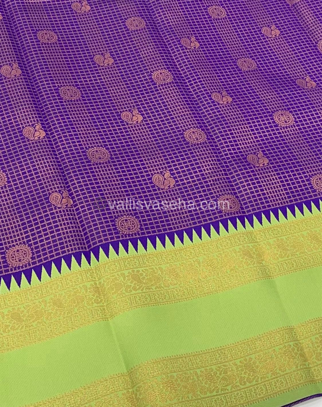 Kanchi Semi Silk - Purple with Green - Mayil & Chakkaram design - VVKSS001