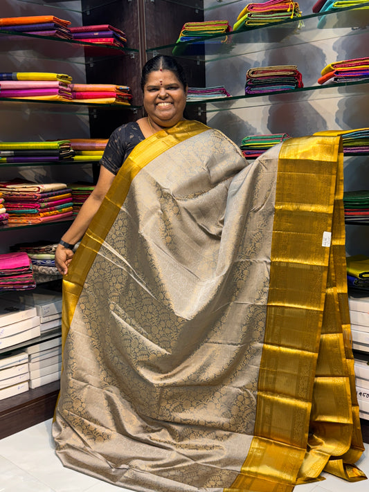 Pure Soft Silk Saree - Greyish Cream with Mustard Yellow - VVPSS023