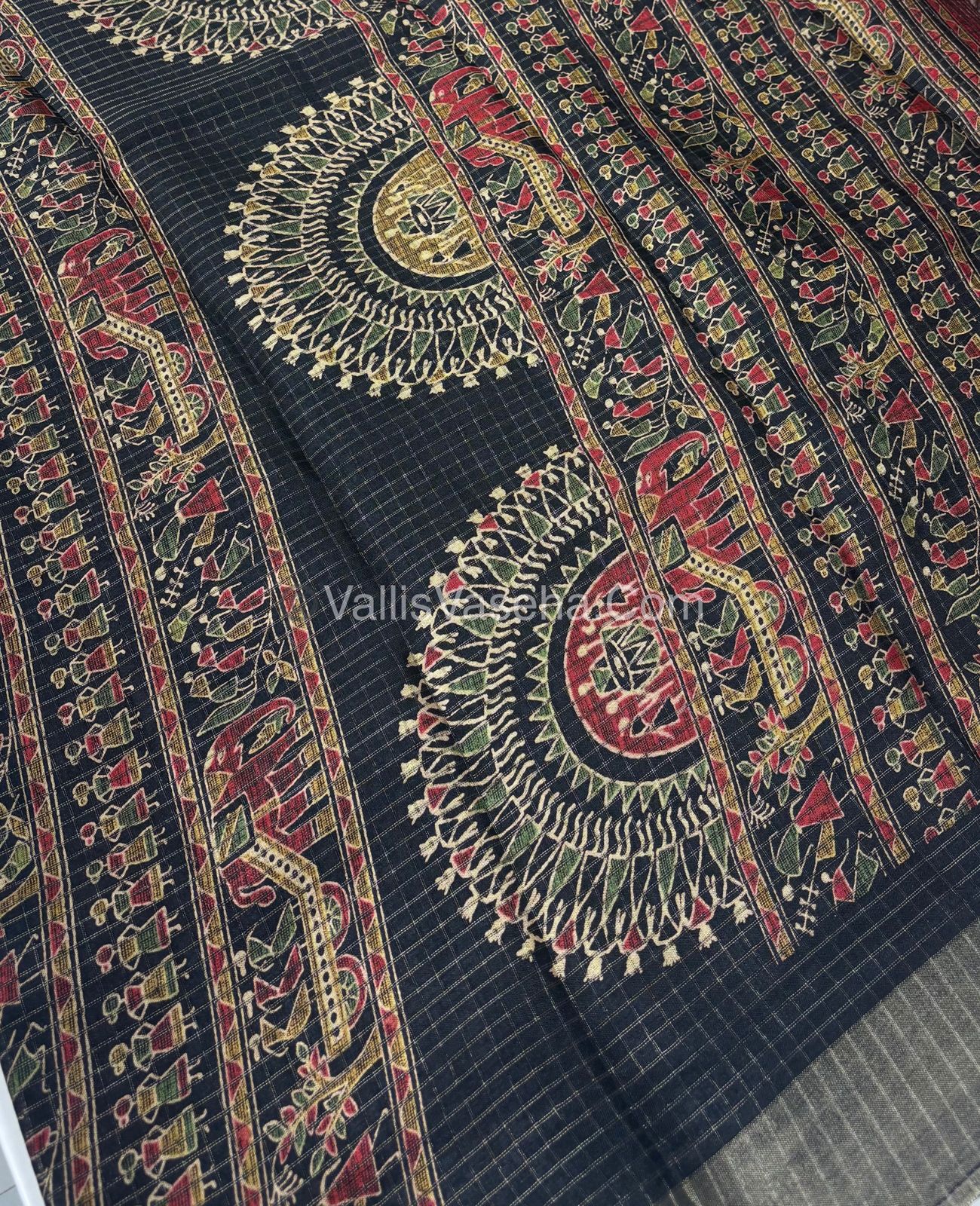 Light Weight Fancy Mixed Kota Cotton - Varli Design Printed Saree - Black Shade - VVKPC001