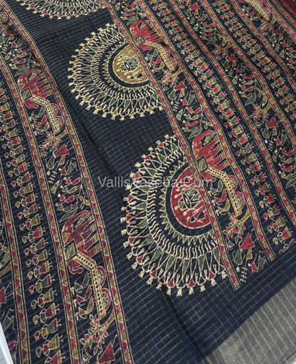 Light Weight Fancy Mixed Kota Cotton - Varli Design Printed Saree - Black Shade - VVKPC001