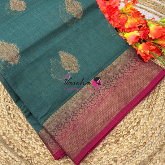 Bamboo Silk Saree - Greyish Olive Green with Pink Shade - VVBSS018