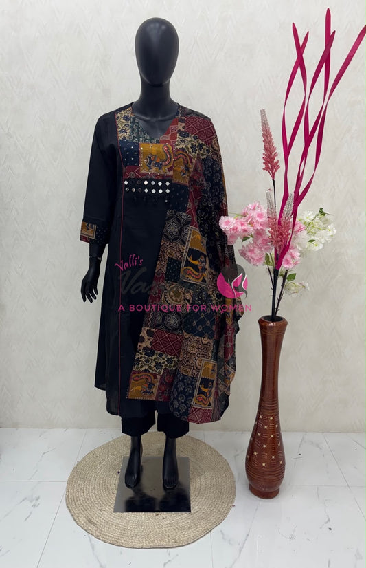 Readymade 3pc Set - Black - V Neck Kalamkari / Ajrakh Design - VVRMS010