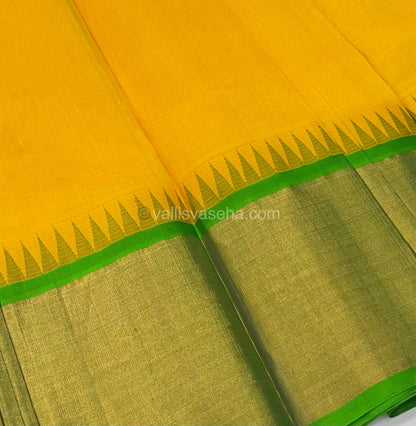 Pure Korvai Silk Cotton Saree - Yellow  with Green Combo - Temple border - VVKSC001