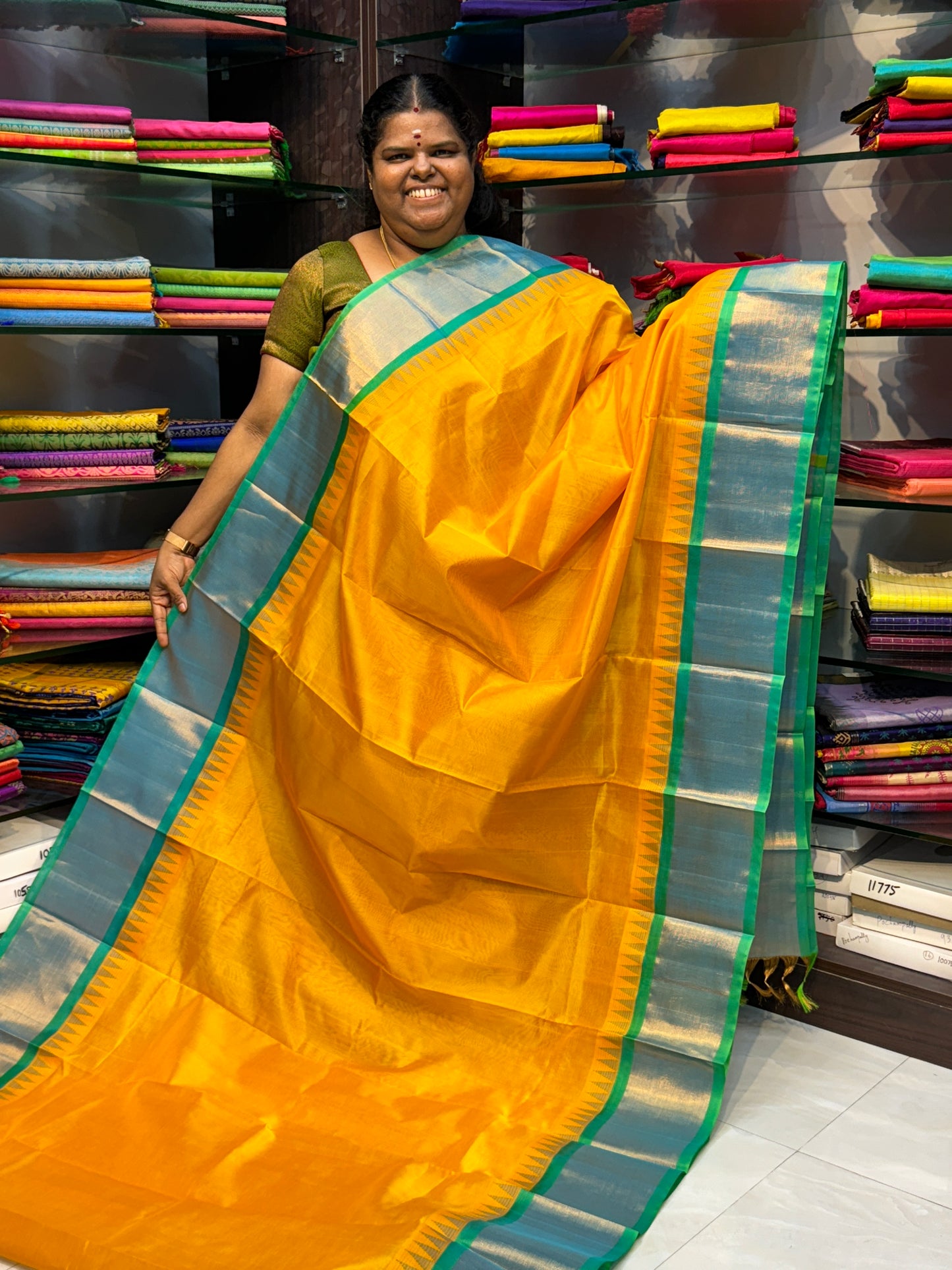 Pure Korvai Silk Cotton Saree - Yellow with Turquoise Greenish Blue Combo - Temple border - VVKSC001