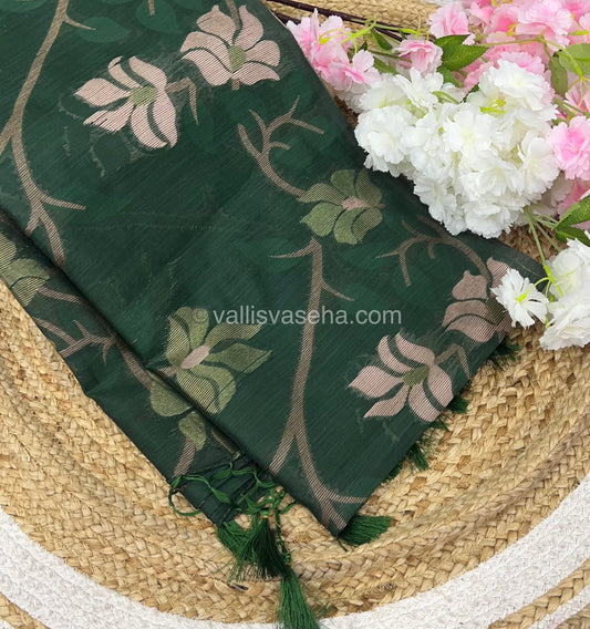 Semi Raw Silk with Jamdhani Design Weaving  -Dark green Shade - VVRS001