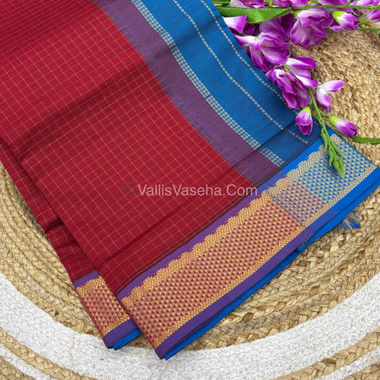 Semi Silk Cotton Saree - Red With Blue shade - VVSSC003